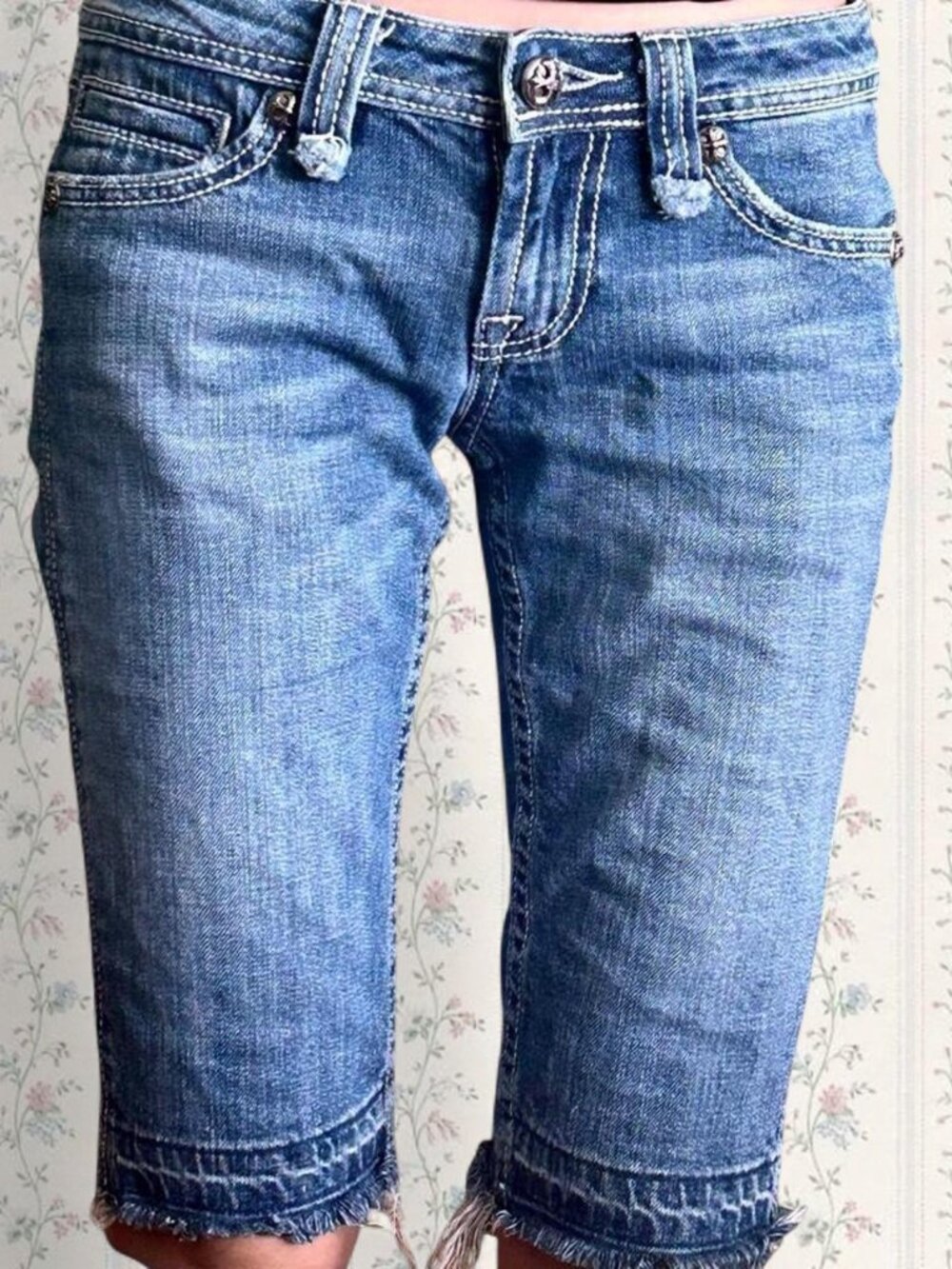 Miss Me Blue Embroidered Capris